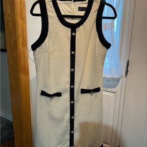 New York & Company Cream Sleeveless Tweed Mini Dress with Black Trim